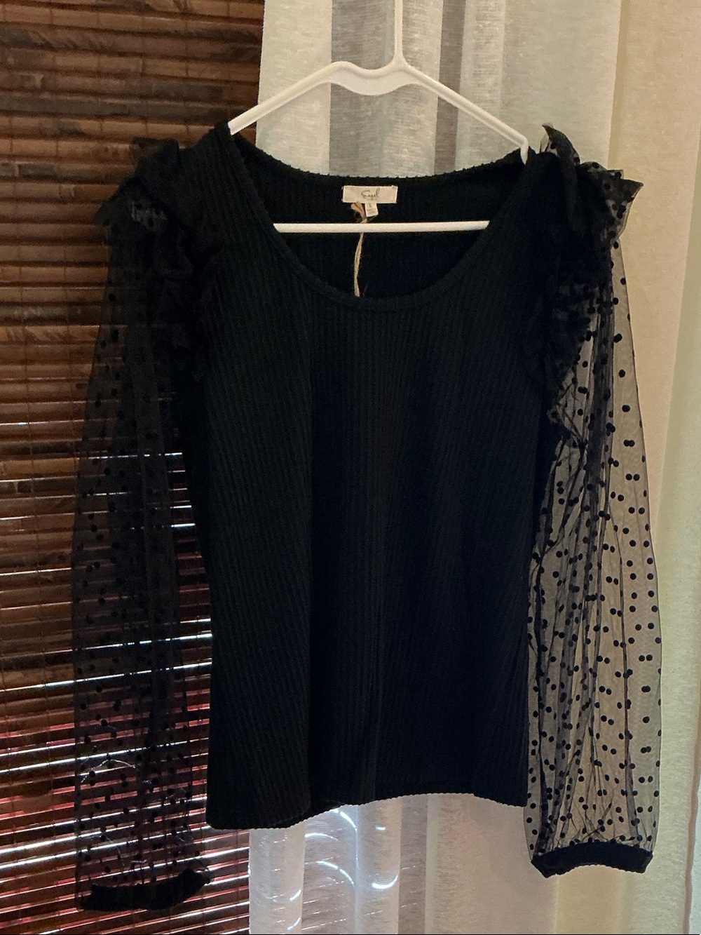 easel Black Puff Sleeve Polka Dot Mesh Long Sleeve Top